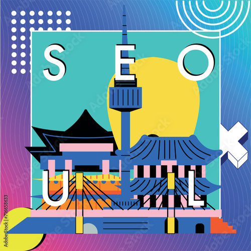 Typography word Seoul branding technology concept. Collection of flat vector web memphis and Bauhaus elements. South Korean culture travel set, famous architecture, landmark. Abstract geometric poster