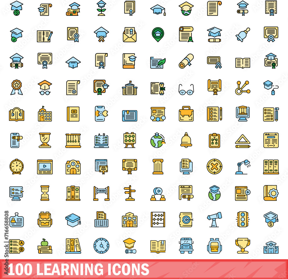 100 learning icons set. Color line set of learning vector icons thin line color flat on white 100 learning icons set. Color line set of learning vector icons thin line color flat on white