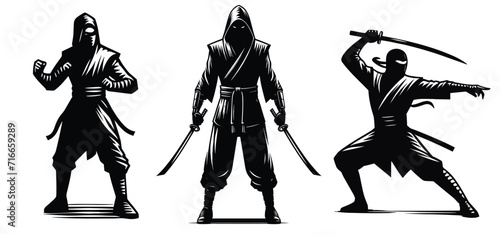logo set of ninja silhouette illustrations on isolated background photo