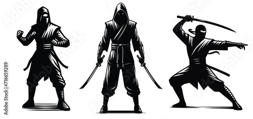 logo set of ninja silhouette illustrations on isolated background