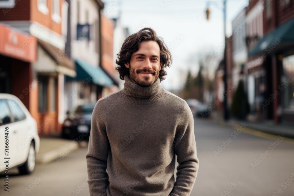 Portrait of a satisfied man in his 30s wearing a classic turtleneck sweater against a charming small town main street. AI Generation Portrait of a satisfied man in his 30s wearing a classic turtleneck sweater against a charming small town main street. AI Generation