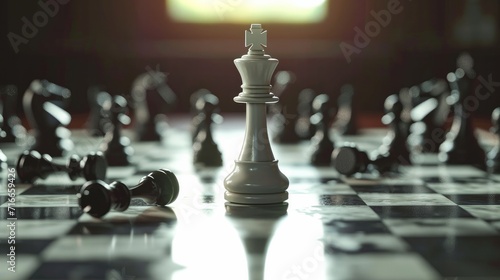 3d animation, chess game battle, white king chess piece jumps down, aggressive attack, all pawns fall down. Successful strategy, champion metaphor, leadership concept    photo