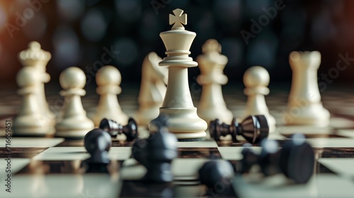 3d animation, chess game battle, white king chess piece jumps down, aggressive attack, all pawns fall down. Successful strategy, champion metaphor, leadership concept 