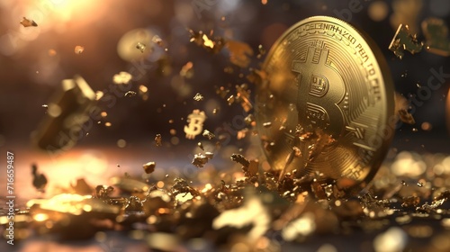 3d animation. Abstract financial background, gold bitcoin symbol falls down, broken obstacles fly apart, currency exchange rate concept. Business metaphor 