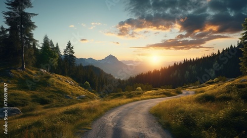 Mountain Road in Green Forest with Sunset. Nature, Path, Travel, Journey, Adventure  © Humam