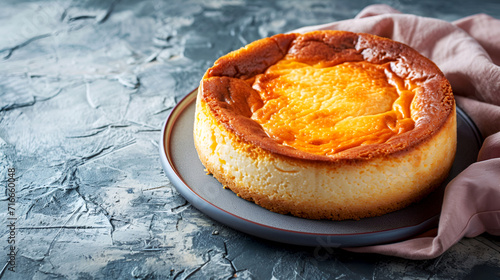 Basque cheesecake on textured background, copy space. Bright orange cheesecake on a gray plate. Sunny citrus cheesecake with crusted edge. Whole orange-flavored cheesecake on textured backdrop photo