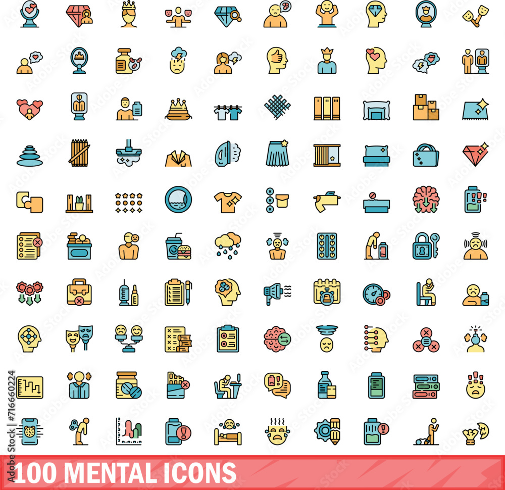 100 mental icons set. Color line set of mental vector icons thin line color flat on white 100 mental icons set. Color line set of mental vector icons thin line color flat on white