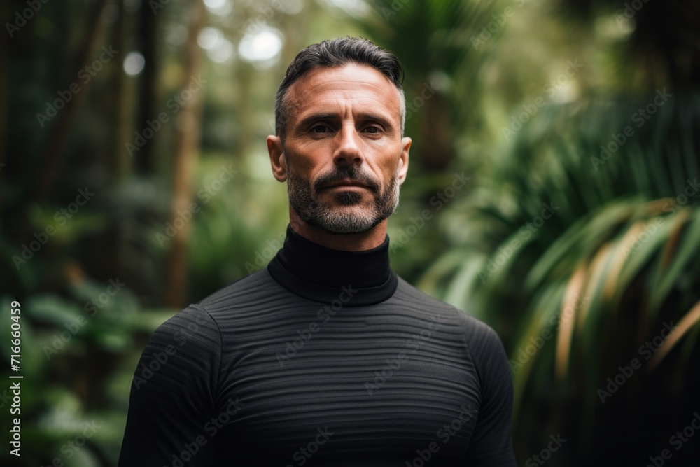 Portrait of a glad man in his 40s wearing a classic turtleneck sweater against a lush tropical rainforest. AI Generation Portrait of a glad man in his 40s wearing a classic turtleneck sweater against a lush tropical rainforest. AI Generation