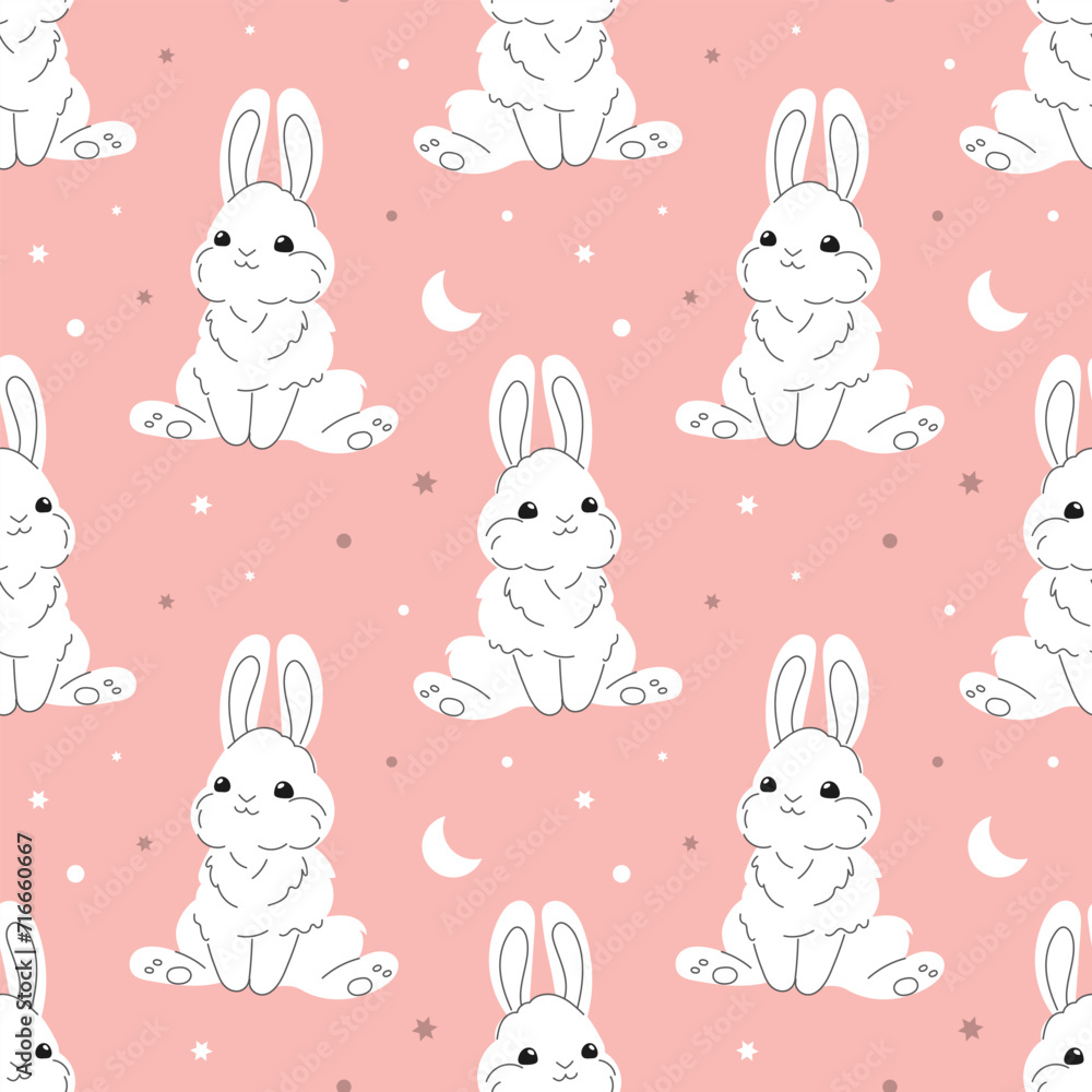 Seamless pattern with cute white bunnies on a pastel background with stars. Baby print, design for Nursery bedroom. Vector Seamless pattern with cute white bunnies on a pastel background with stars. Baby print, design for Nursery bedroom. Vector