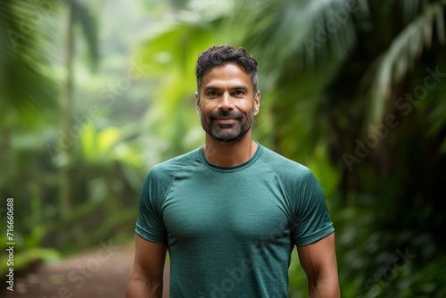 Portrait of a smiling indian man in his 40s wearing a moisture-wicking running shirt against a lush tropical rainforest. AI Generation