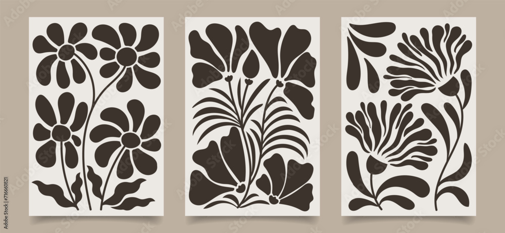 Set of wall posters. Contemporary tapestries with bohemian flowers and plants. Wall posters in the style of Matisse. 