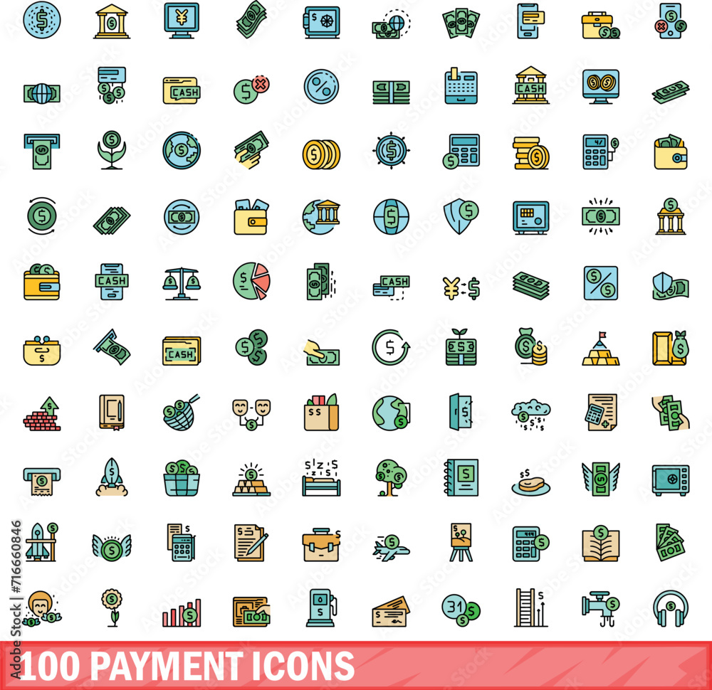 100 payment icons set. Color line set of payment vector icons thin line color flat on white 100 payment icons set. Color line set of payment vector icons thin line color flat on white
