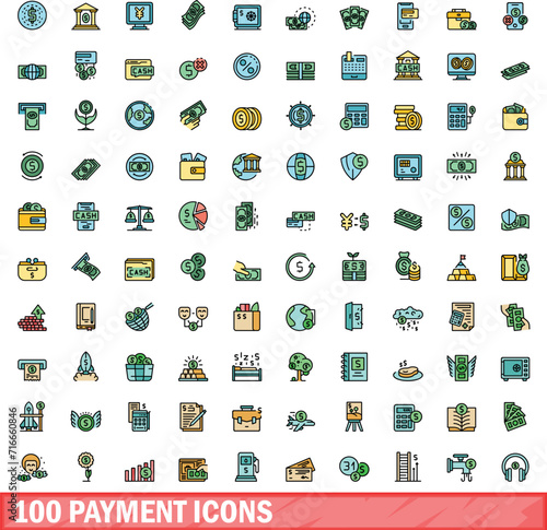 100 payment icons set. Color line set of payment vector icons thin line color flat on white