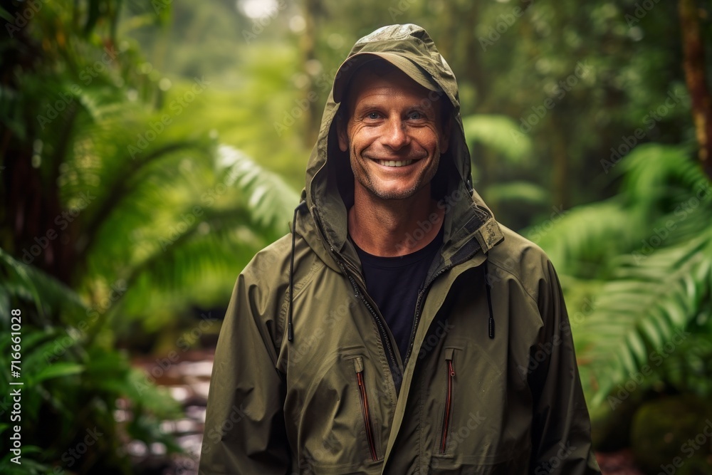 Portrait of a cheerful man in his 40s donning a durable down jacket against a lush tropical rainforest. AI Generation Portrait of a cheerful man in his 40s donning a durable down jacket against a lush tropical rainforest. AI Generation