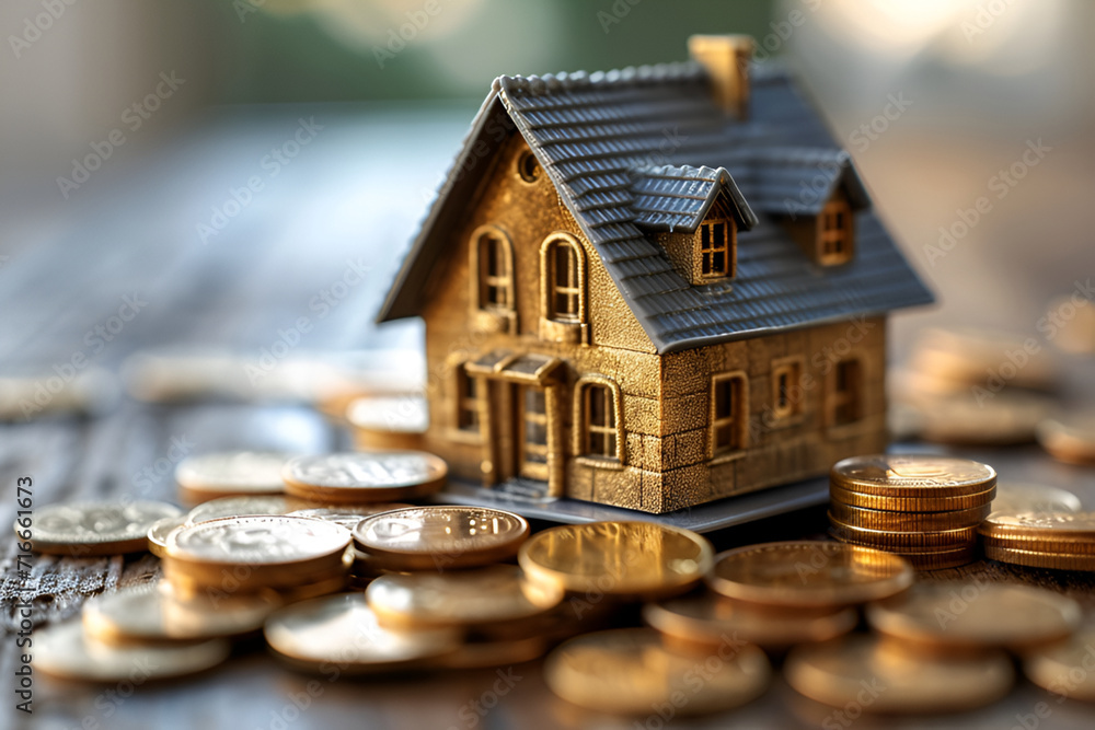 Small house model on coins, real estate concept Small house model on coins, real estate concept