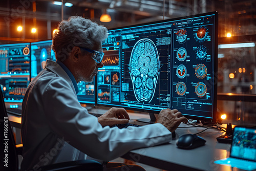 Neuroscientist working on computer hologram of Human Brain , medical concept