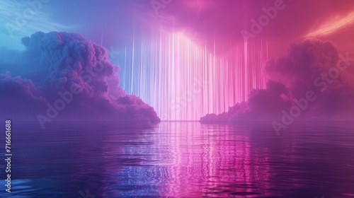 3d render, abstract neon background with cloud, glowing vertical lines and water. Fantastic seascape 