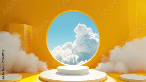 3d render, abstract sunny yellow background with white clouds and blue round hole. Simple geometric showcase scene with empty podium for product presentation   