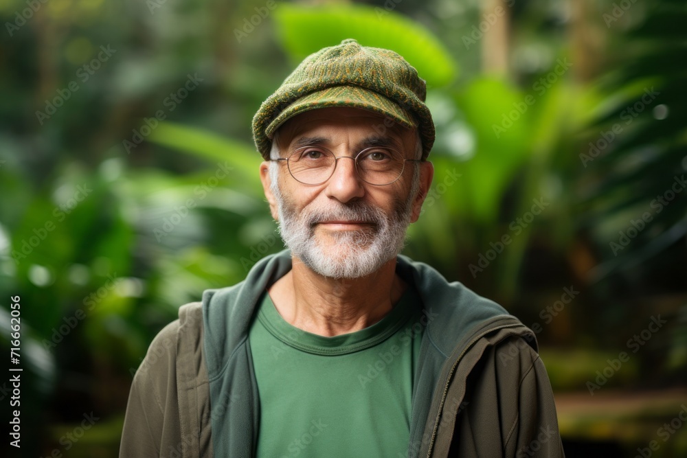 Portrait of a glad man in his 60s sporting a trendy beanie against a lush tropical rainforest. AI Generation Portrait of a glad man in his 60s sporting a trendy beanie against a lush tropical rainforest. AI Generation