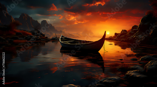 Viking ship at sunset in a dramatic fiery seascape