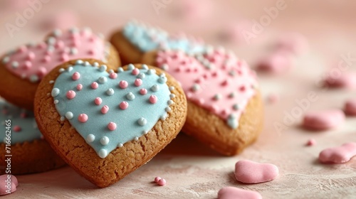 Cookie hearts made of dough with icing on a light pink background.