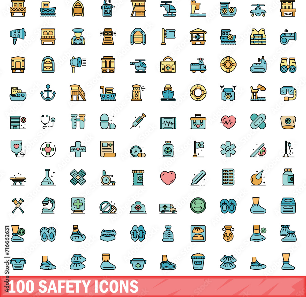100 safety icons set. Color line set of safety vector icons thin line color flat on white 100 safety icons set. Color line set of safety vector icons thin line color flat on white