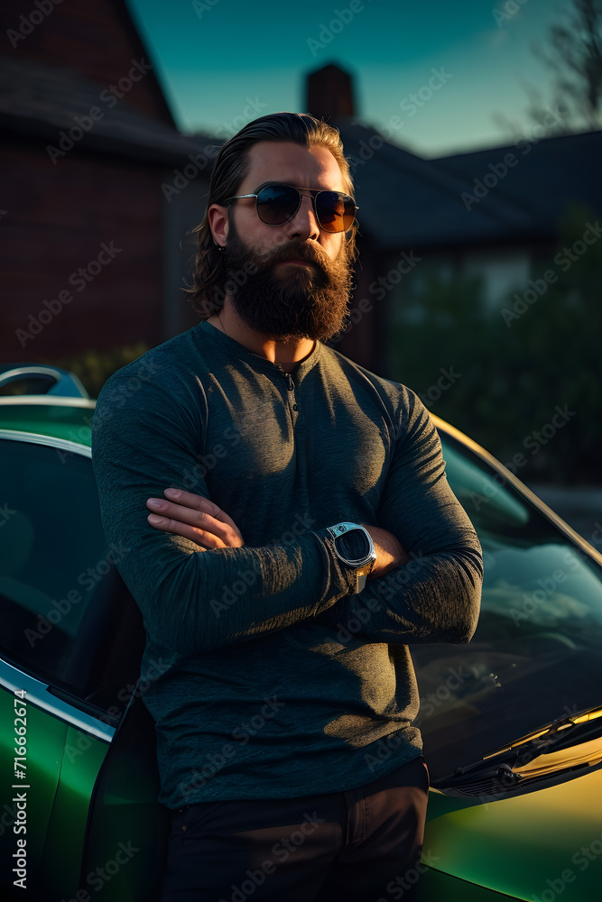 Fototapeta premium Man Standing Next to Green Car. Generative AI.