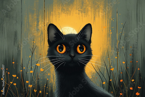 minimalism, flat illustration, cute black cat,big round eyes, yellow background, graphic design, cutestyle photo