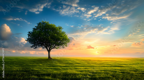 One tree on a wide grass plain with a blue-pink sky. A beautiful landscape sunset. High-resolution
