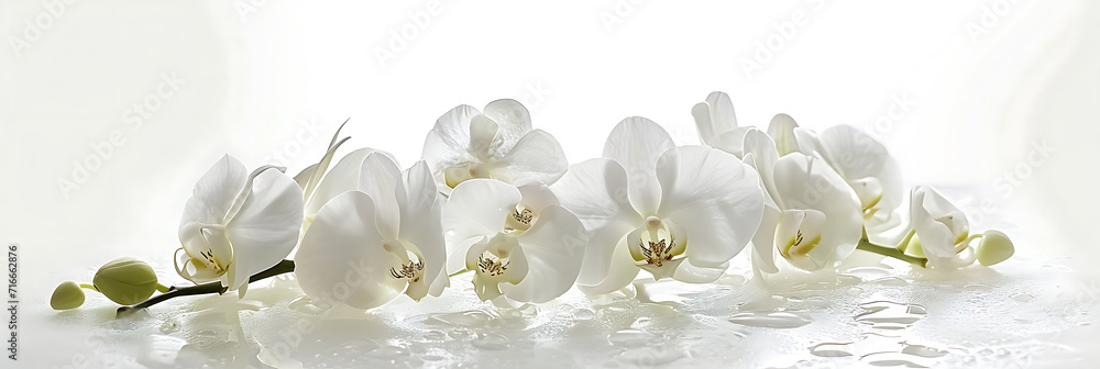 An arrangement of white orchids on a pearl-white surface, highlighting the elegance and sophistication of these exotic blooms - obrazy, fototapety, plakaty 