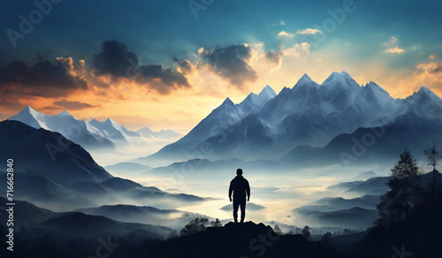 Silhouette of man and nature view on the beautiful mountains landscape. Double exposure. Human and nature cooperation. Concept of environment issues photo