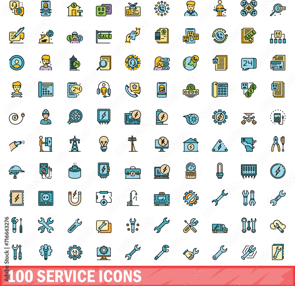 100 service icons set. Color line set of service vector icons thin line color flat on white 100 service icons set. Color line set of service vector icons thin line color flat on white