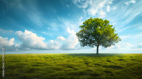 One tree on a wide grass plain with a blue light sky. A beautiful landscape bright sunny day. High-resolution