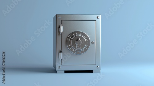 3d render, closed metallic safe box isolated on blue background. Frontal view. Banking safety clip art. 
