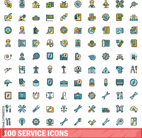 100 service icons set. Color line set of service vector icons thin line color flat on white