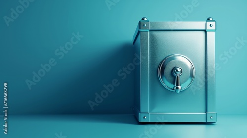 3d render  closed metallic safe box isolated on blue background. Frontal view. Banking safety clip art.   