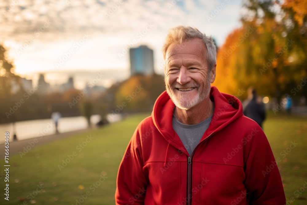 Portrait of a joyful man in his 70s wearing a zip-up fleece hoodie against a vibrant city park. AI Generation Portrait of a joyful man in his 70s wearing a zip-up fleece hoodie against a vibrant city park. AI Generation
