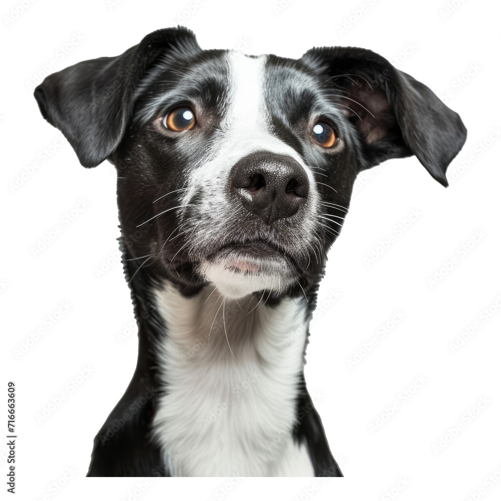 studio headshot portrait of black and white dog tilting head looking forwardstudio headshot portrait of smiling Weimaraner