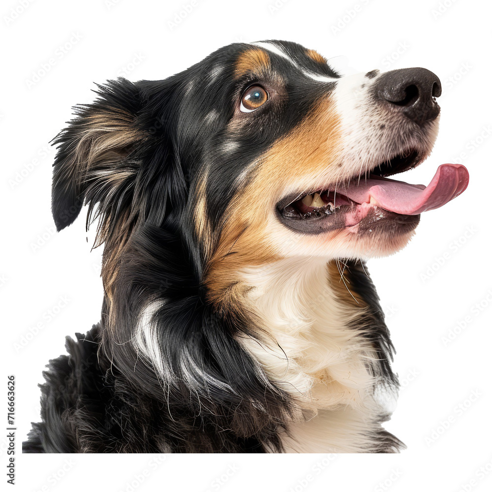 Studio headshot portrait of Collie and Australian Shepherd mix licking