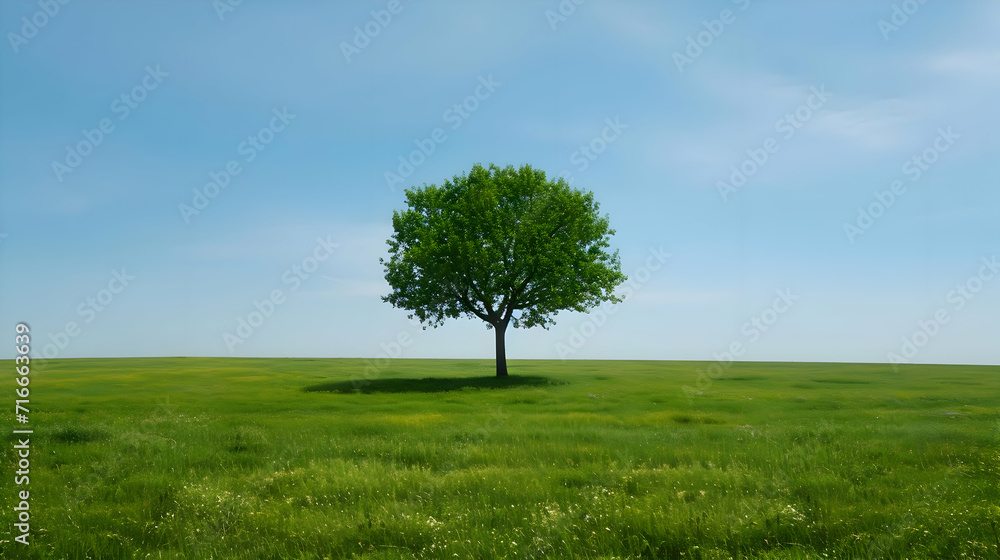 One tree on a wide grass plain with a blue light sky. A beautiful landscape bright sunny day. High-resolution One tree on a wide grass plain with a blue light sky. A beautiful landscape bright sunny day. High-resolution
