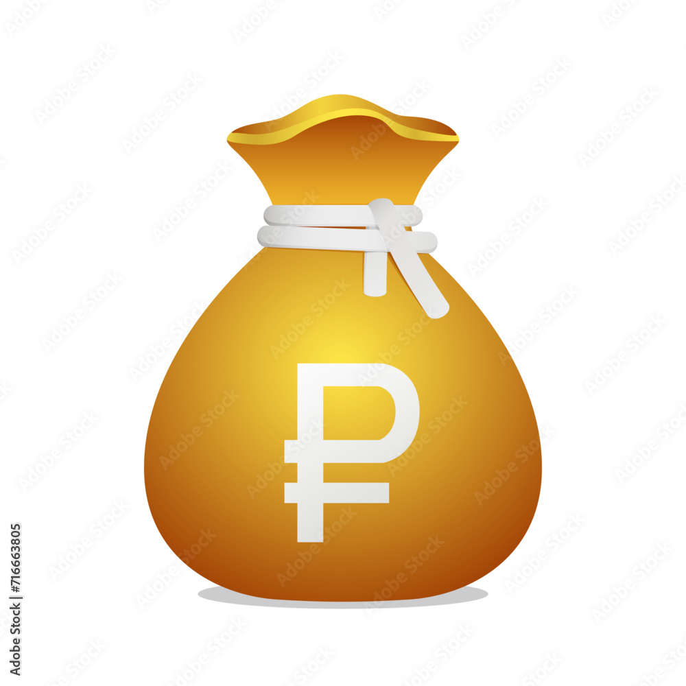 Golden bag Russian Ruble currency symbol. Wealth with ruble sign. 3D Illustration of a bag with money. Golden bag Russian Ruble currency symbol. Wealth with ruble sign. 3D Illustration of a bag with money.