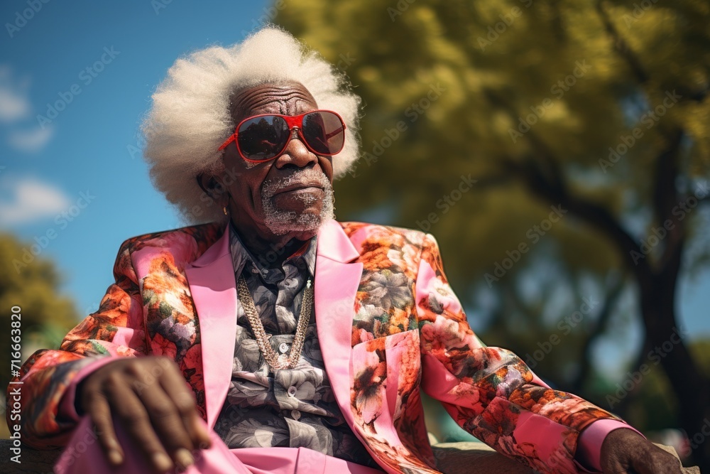 Portrait of a jovial afro-american elderly 100 years old man wearing a trendy sunglasses against a vibrant city park. AI Generation Portrait of a jovial afro-american elderly 100 years old man wearing a trendy sunglasses against a vibrant city park. AI Generation