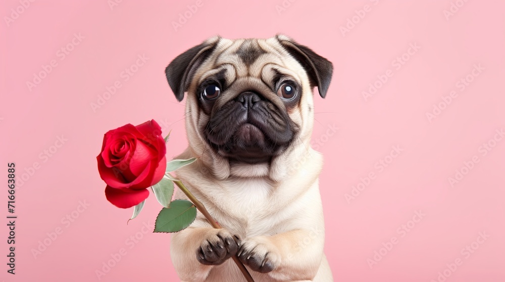 Pug dog holding rose in love on pink background. Valentine's day-wedding. greeting card. presentation. advertisement. copy text space.