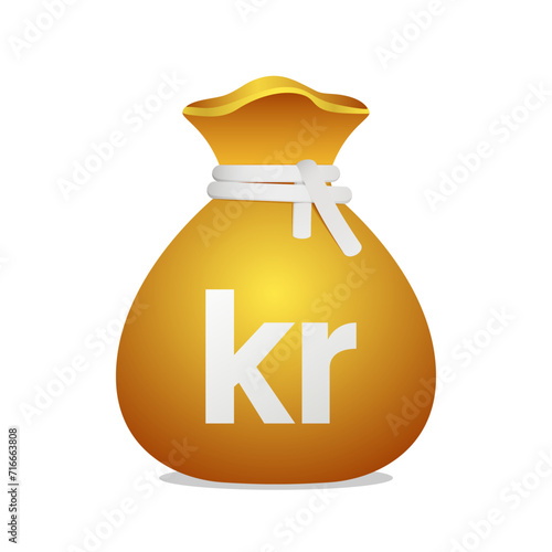 Golden bag Norwegian Krone currency symbol. Wealth with Krone sign. 3D Illustration of a bag with money.