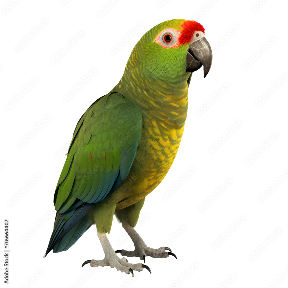Full body portrait of a green parrot isolated on transparent background