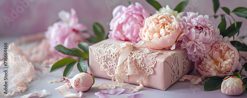 An ethereal Mother's Day scene with a vintage-inspired gift box adorned with lace and a bouquet of pastel-hued peonies on a dreamy lavender background