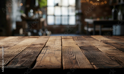 Wooden tabletop perspective for product placement or montage with focus to table, ai technology