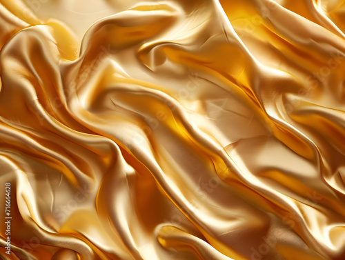 Gold orange shiny fabric background. Fabric with folds highly detailed. Top view macro photo. High-resolution