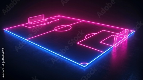 3d render, neon soccer field scheme, football playground, virtual sportive game, pink blue glowing line. Isolated on black background. 