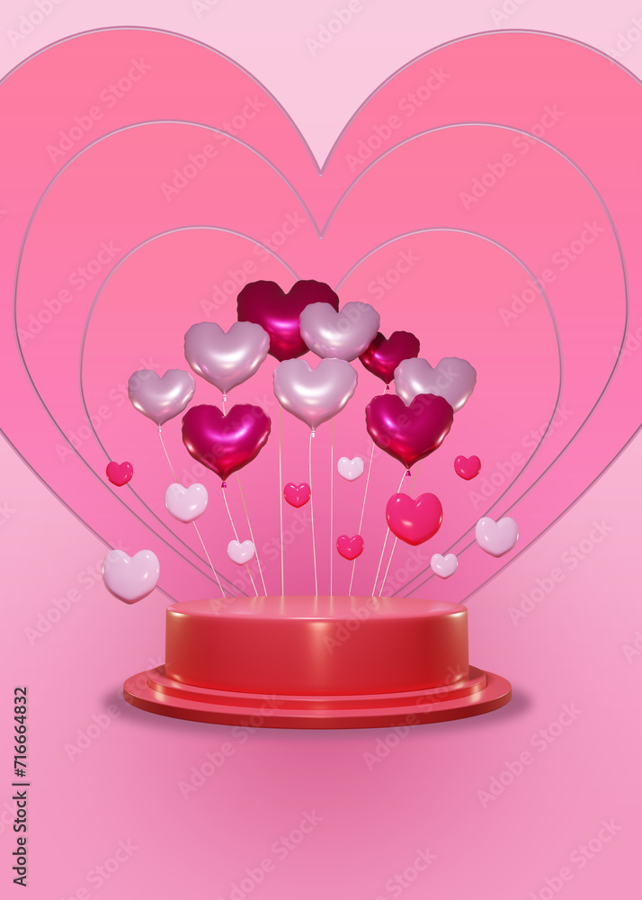 3D Pedestal with red and pink heart balloons 3D Pedestal with red and pink heart balloons
